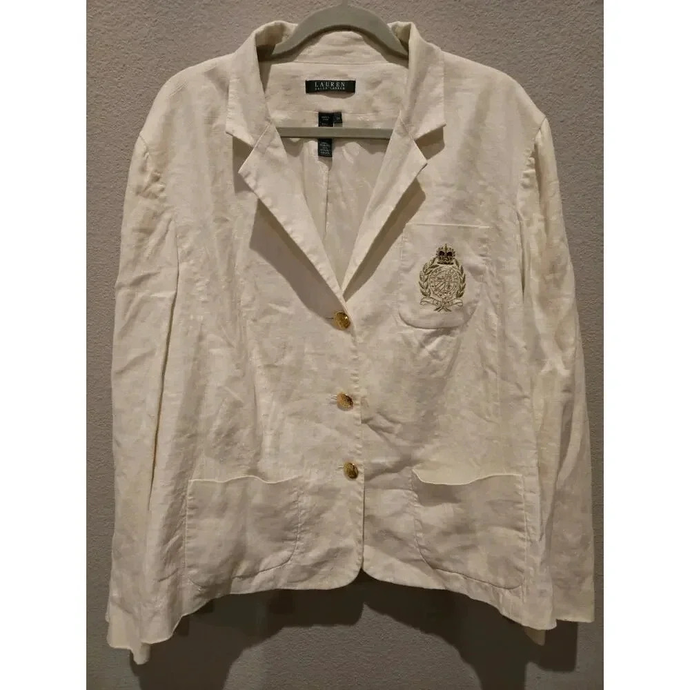 Ralph Lauren Women's Ivory Blazer Jacket Size 18W Embroidered Crest Old Money